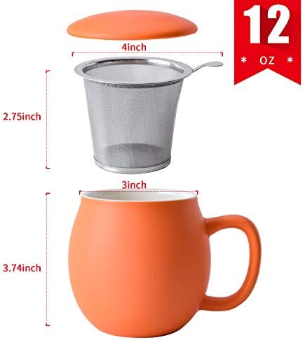 Yundu 12 OZ Matte Orange Ceramics Teacup with Infuser and Lid, Mug with Lid for Steeping - Stainless Steel Infuser for Loose Leaf Tea, Home Office Gift for Tea Lovers