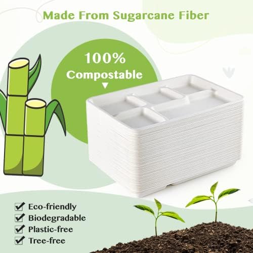 ECOLipak Compostable Disposable 5 Compartment Paper Plates, 12.5inch