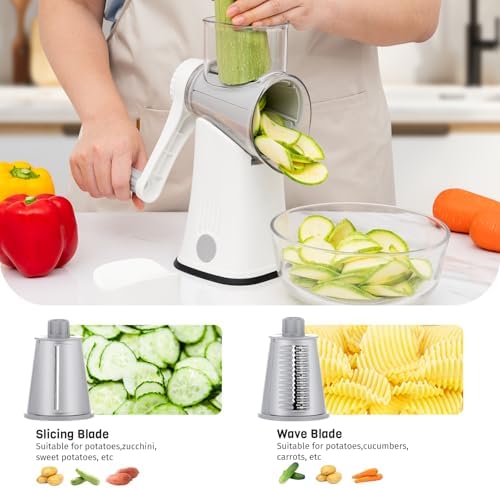 5-in-1 Rotary Cheese Grater Hand Crank, Vegetable Slicer Shredder with 5 Interchangeable Blades, Graters for Kitchen, Safe Kitchen Tool for Cheese, Nuts, Chocolate, White