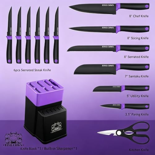 14 Pcs Kitchen Knife Block Set with Sharpener German High Carbon Stainless Steel Chef Knives, Razor-Sharp & Durable, Lightweight Anti-Slip Handle, Professional Set for Home & Kitchen (Purple)