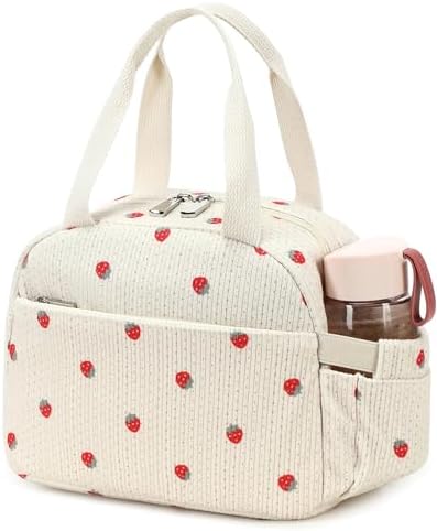 Lunch Box Lunch Bag Insulated Lunchbox Cute Reusable Lunch Tote bags for School Work Picnic for Kids Girls Women (Beige Strawberry)