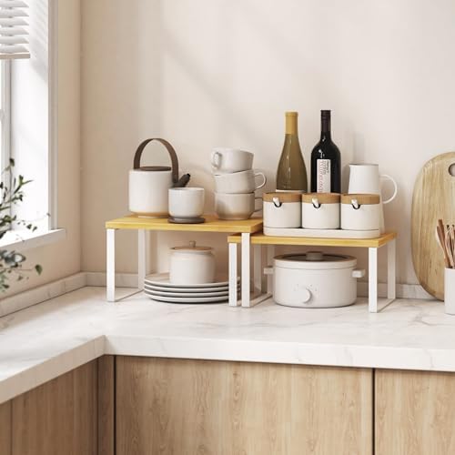 Kitchen Cabinet Organizer Shelf Set of 4, Sturdy Kitchen Counter Shelves with Metal Legs, Stackable Expandable Wood Spice Rack Pantry Cupboard Dish Mug Cup Storage Organizer Shelf,White+Bamboo