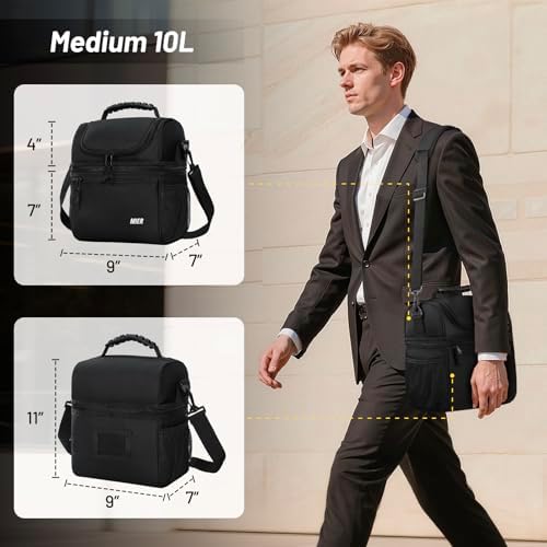 MIER Insulated Lunch Box Bags for Men Women, Dual Compartment, Black