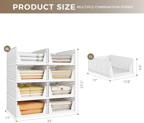 Pinkpum 8 Pack Closet Organizer Storage Bins Stackable Plastic Drawer Shelf