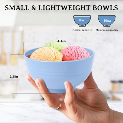 Small Bowls 10oz, Unbreakable & Lightweight Wheat Straw Bowls Sets of 8, Mini bowls for Dessert, Snack, Ice cream, Yogurt, Microwave Safe Kitchen Bowls for Camping, Dorm, Party - Colorful