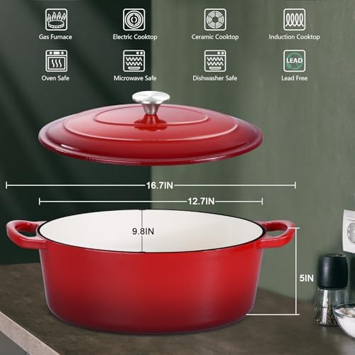 Leonyo 7-Quart Enameled Cast Iron Oval Dutch Oven Pot with Lid, Red