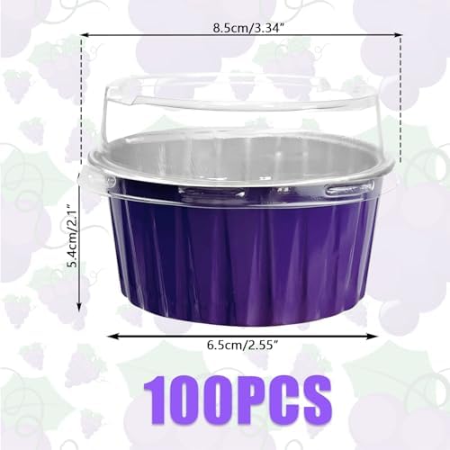100Pcs Aluminum Cups with Lids,5oz Disposable Ramekin Baking Cups Muffin Liners Mini Pie Pans Foil Cupcake Containers for Christmas Party Wedding Party,Dark Purple
