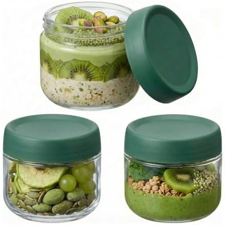 Povinmos® 3Pack Overnight Oats Containers with Lids,10oz Glass Jar with Scew Lid,Salad Dressing Fruit Veggies Sauce Snacks Meal Prep Food Containers,Spice Jars,Wide Mouth Storage Containers