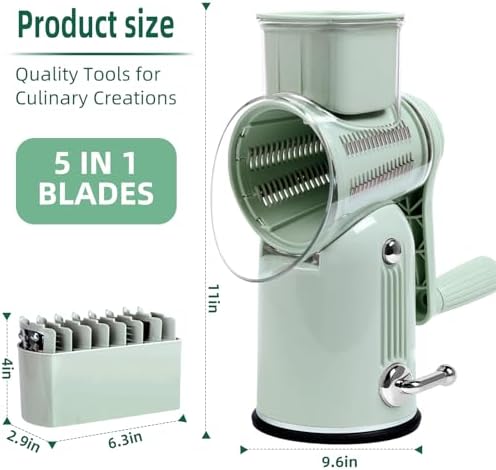 Rotary Cheese Grater with Handle, 5 Replaceable Blades(Green)