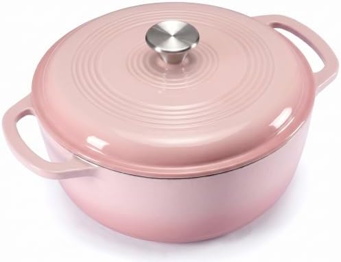 Sweetcrispy 6 Qt Enameled Cast Iron Dutch Oven Pot with Lid, Pink