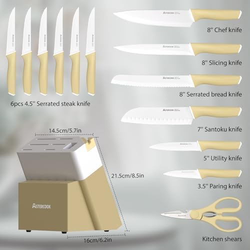 Astercook Kitchen Knife Set with Block and Sharpener 15 Piece Knives Set German High Carbon Stainless Steel Sharp Blade Dishwasher Safe with Ergonomic Handle Yellow