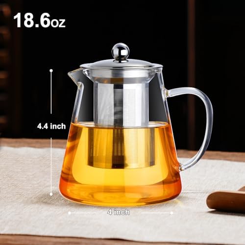Baalaka Glass Teapot 18.6oz/550ml, Tea Pot with Removable Infusers for Loose Tea, Borosilicate Glass Tea Kettle Tea Maker Stovetop for Camping, Tea Infuser for Loose Leaf Tea Travel (Pack of 2)