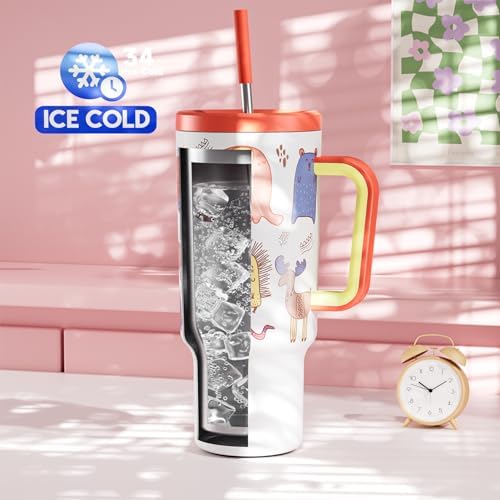 Meoky Glow in the Dark Tumbler: 40 oz Tumbler with Handle and Straw- Stainless Steel Insulated Tumbler for Car Cup Holders - Travelers Commuters Workers (1 Pack, Zoo)