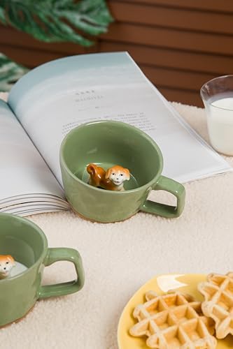 DIHOclub Farmhouse Ceramic Coffee Mug with Animal Figurine – Rustic Stoneware Cup, Matte Finish, Ideal for Breakfast & Home Decor (Green Dog)
