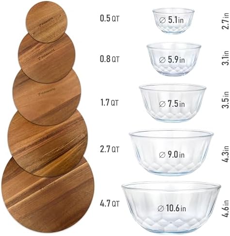 Large Stackable Glass Mixing Bowls with Acacia Lids Set of 5