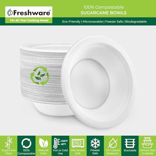 Freshware Paper Bowls - Disposable 12 oz. Soup Bowl, 1000-Pack Biodegradable Sugarcane Fiber Serving Bowls - Heavy Duty Bagasse for Hot Food Plates - Microwave & Freezer Safe, Stackable Dinnerware