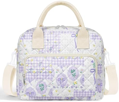 WOBAGMEN Quilted Lunch Box for Women,Large Floral Insulated Lunch Bag with Multiple Pockets,Adjustable Strap,Reusable Lunch Tote Box for Work Picnic Travel (Purple Bow Floral pin, M)
