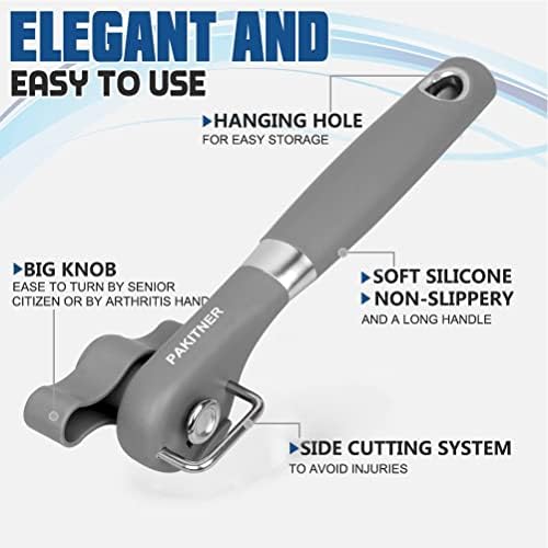 PAKITNER- Cut safe manual can opener, smooth edge - handheld Side cut with Sharp Blade, Comfortable Grip Handle Food Grade Stainless Steel Cutting Can Opener, Gray