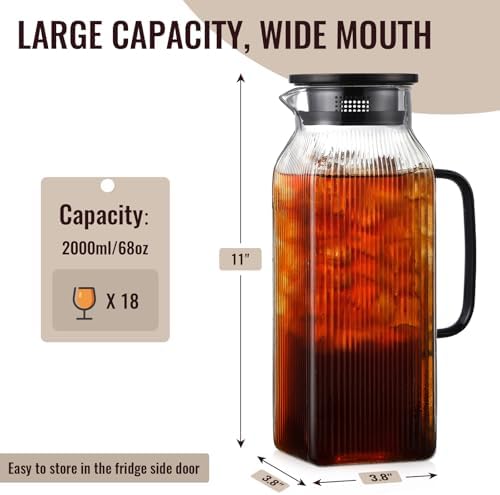 2 Liter/68 oz Square Glass Pitcher with Lid, Classic Stripes Water Pitchers with Handle for Fridge, Large Jug for Iced Tea, Coffee, Borosilicate Glass Carafe for Hot/Cold Brew Drink, Black