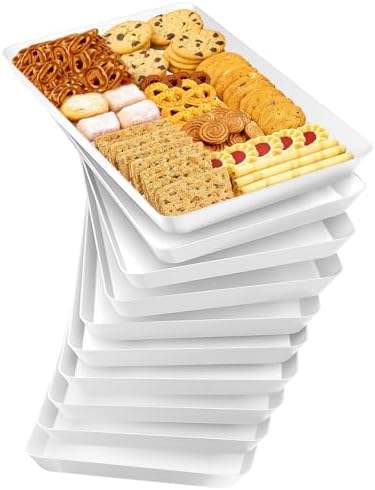 SpaceTrove 10-Pack Serving Tray Set, Reusable Plastic Serving Platter for Party Supplies, Entertaining, Grilling Accessories, Stackable Kitchen Snack Box Container for Dessert, Fruit, Cookie, (White)