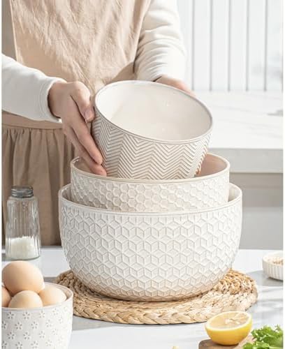 Ceramic Mixing Bowls, Embossed Nesting Bowls Set of 4, Mixing Bowl Set for Serving, Baking, Cooking and Gift, Microwave and Dishwasher Safe, 20/47/99/148 oz, Off-White