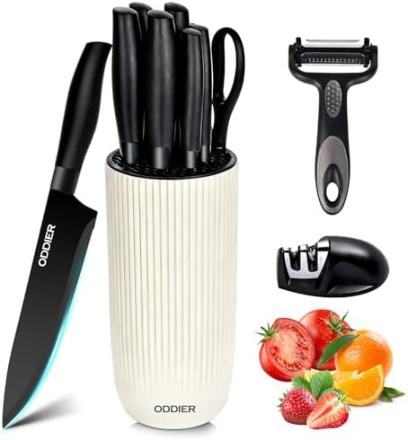 Knife Set, 10 Piece Kitchen Knife Set with Block and Sharpener, Anti-Rust Stainless Steel Knives Set for Kitchen, Chef Universal Knife Block Set, Dishwasher Safe, Ergonomical Design, White