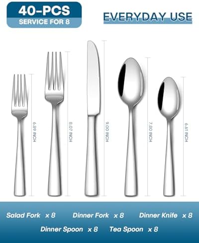 Stapava 40 Piece Silverware Set, Food-Grade Stainless Steel Flatware Sets for 8 Mirror Polished Cutlery Utensil Sets Include Dinner Knives Spoons and Forks Set Dishwasher Safe for Home Restaurant
