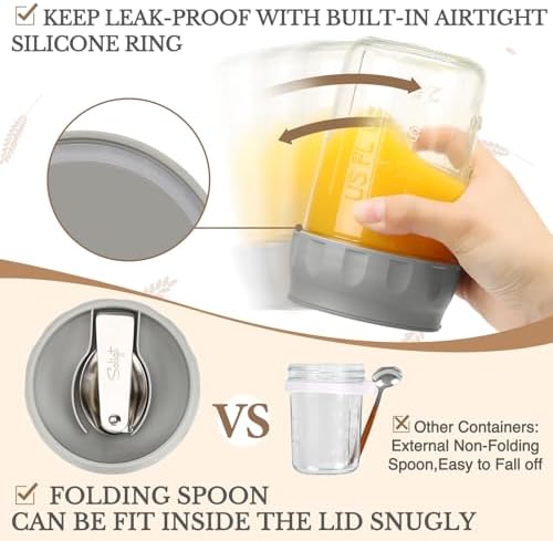 SOLIGT 4 Pack Overnight Oats Containers with Lids, Folding Spoons and Divided Compartments for Fruit & Nuts, Small Glass 16oz Mason Jars for Oatmeal Yogurt Parfait