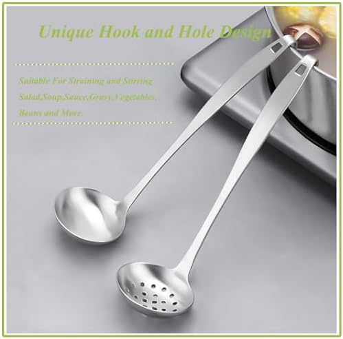 Stainless Steel Soup Ladle,Serving Ladle Scoop And Slotted Spoon Set Of 2 with Hook and Hole for Easy Hanging,Cooking Utensils Set for Kitchen