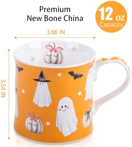 Cute Ghost Halloween Coffee Mug, 12oz Orange Ceramic Coffee Cup with Bow Pumpkins, Bats & Witch Hat Design, Spooky-Cute Holiday Gift for Halloween, Designed in England by Harvest Green Studio
