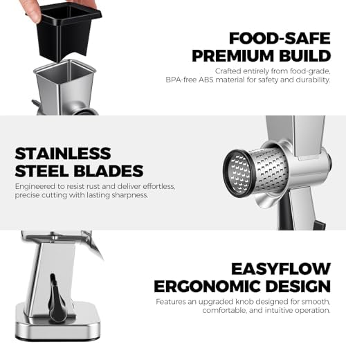 LHS Stainless Steel Rotary Cheese Grater with 3 Interchangeable Drum Blades