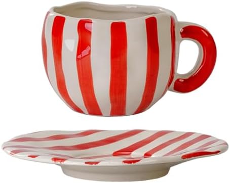 Espresso Cups Ceramic Coffee Mug Series European Striped Dot Coffee Cup And Saucer Mug Cake Plate Afternoon Tea Set Tea Cup And Saucer (Red 2)