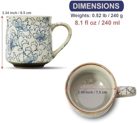 Nostalgic Mino Ware Ceramic Sometsuke Small Mug Cup - Japanese Crafted, Floral Pattern, Comfort Grip Handle, For Coffee and Green Tea or Soup, Matcha Tea, Gift Box Included (Arabesque)