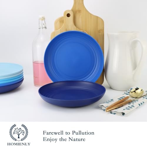 Homienly Deep Dinner Plates Unbreakable Wheat Straw Plate Set of 8 Microwave and Dishwasher Safe Kitchen Plates for Lunch, Camping, Outdoor, RV, Reusable Plastic Plates 9 inch (Ocean Series)