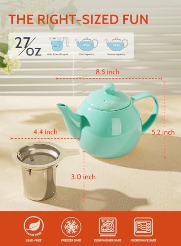 Sweese Teapots for Tea, 27 oz Porcelain Tea pot with Removable Stainless Steel Infuser, Tea Pots for Loose Tea - Mint Green