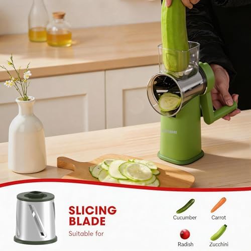 Rotary Cheese Grater Hand Crank with Foldable Handle, Three Blades