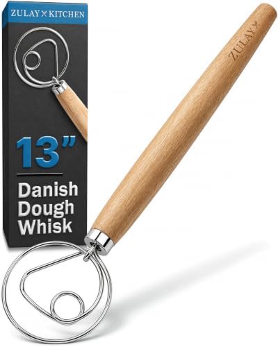 Zulay Kitchen 13-Inch Danish Dough Whisk - Stainless Steel Wooden Whisk with Dough Hook - Sourdough Whisk for Bread, Pizza, Pastry, Cake Batter & More - Wood