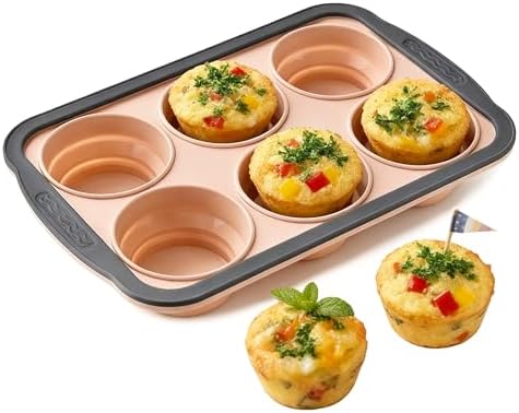 Silicone Muffin Pan for Baking with Metal Frame， Nonstick Cupcake Pan, 6 Cup Baking Pan for Cupcake, Tarts, Egg Bites(6 Cup Pink)
