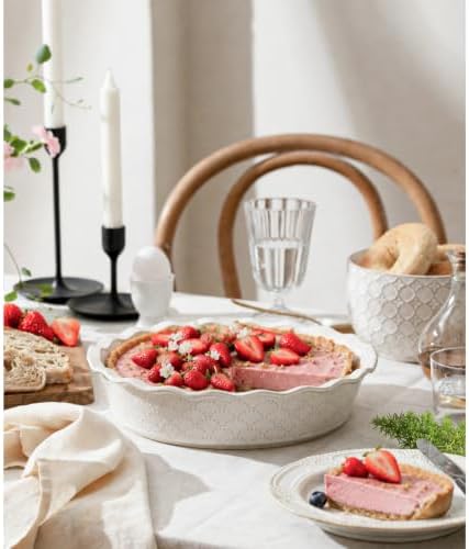 Deep Pie Dish for Baking, Ceramic Pie Pan for Apple Pie, Tart, Quiche Baking Dish, Farmhouse Decor Pie Plate, Deep Dish Pie Pan, Oven Safe, Off-White, Firework