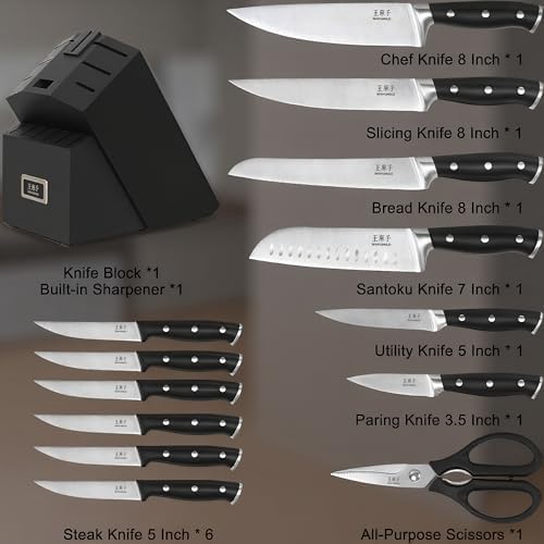 WANGMAZI 15‑Pcs Knife Block Set, High Carbon Steel, Black Pro