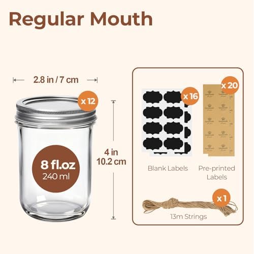 ComSaf 8 oz Mason Jars Bulk Set, 12 Pack Small Regular Mouth Jars with Lids