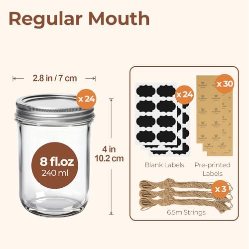 ComSaf 8 oz Mason Jars Bulk Set, 24 Pack Small Regular Mouth Jars with Lids