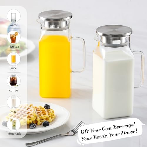 Netany 2 Pack 1.2 Liters/40 oz Small Square Glass Pitcher with Lid and Handle for Fridge, Iced Tea and Coffee Carafe Storage Container, Resistant to Hot and Cold Borosilicate Jug