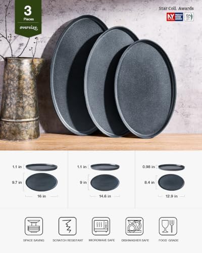 famiware Large Serving Platters Set of 3 Sizes - Oval, Matte Dark Charcoal