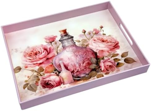Serving Tray with Handles, 15.7 * 11.8 inches, Plastic Ottoman Tray with Exquisite Paintings, Trays for Coffee Table