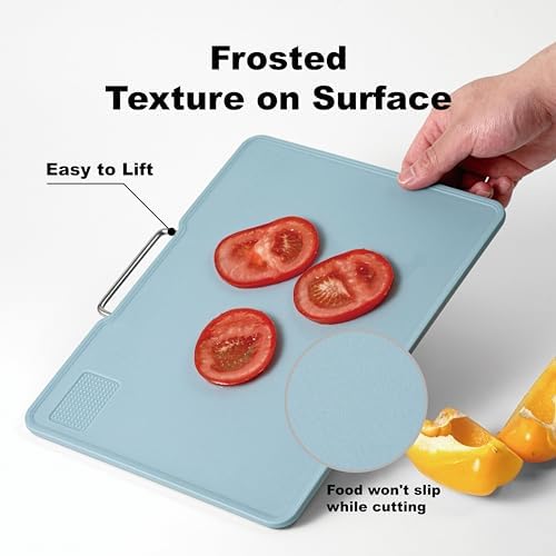 Plastic Cutting Boards with Grinding Area and Measurement, Cutting Boards for Kitchen Dishwasher Safe, Set of 3 with Holder, Non-Slip Design, Stainless Steel Handle, Blue