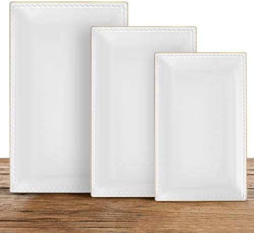 Kassel Ceramic Serving Platter Set | 16”/14”/12” Rectangular Serving Trays for Entertaining at Parties and Weddings | Oven Safe Extra Large Serving Trays for Tacos, Steak, and Cake