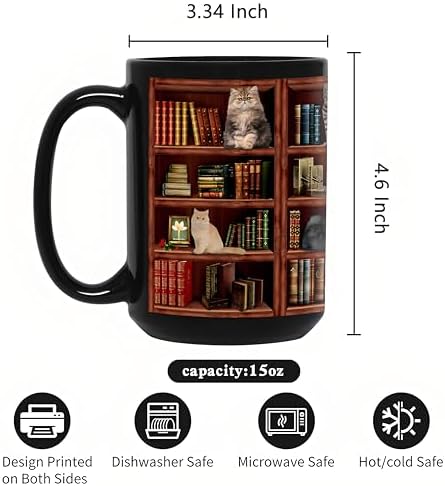 Cat Book Coffee Mug, Library Bookshelf Tea Cup, Black, 15oz