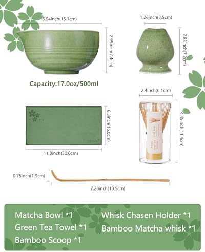 ZENS Matcha Whisk Set, 5pcs Matcha Kit Set Includes Emerald Green Bowl, Handcrafted Bamboo Whisk and Chasen Holder, Scoop & Tea Mat, Matcha Tea Ceremony Gift for Matcha Lovers
