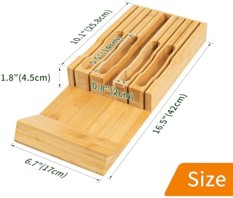VaeFae Bamboo Knife Drawer Organizer Insert, Kitchen Knife Block, 8 Holder